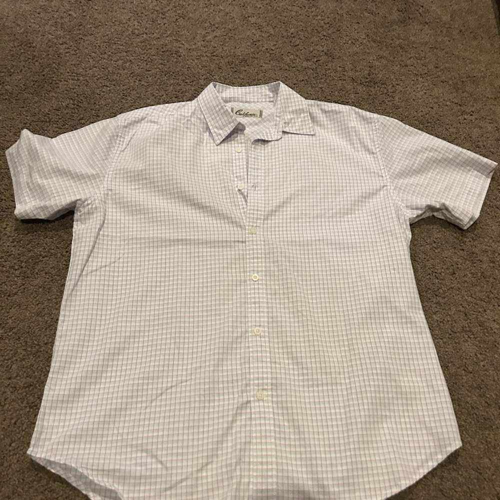 Men’s button down white and baby blue plaid shirt